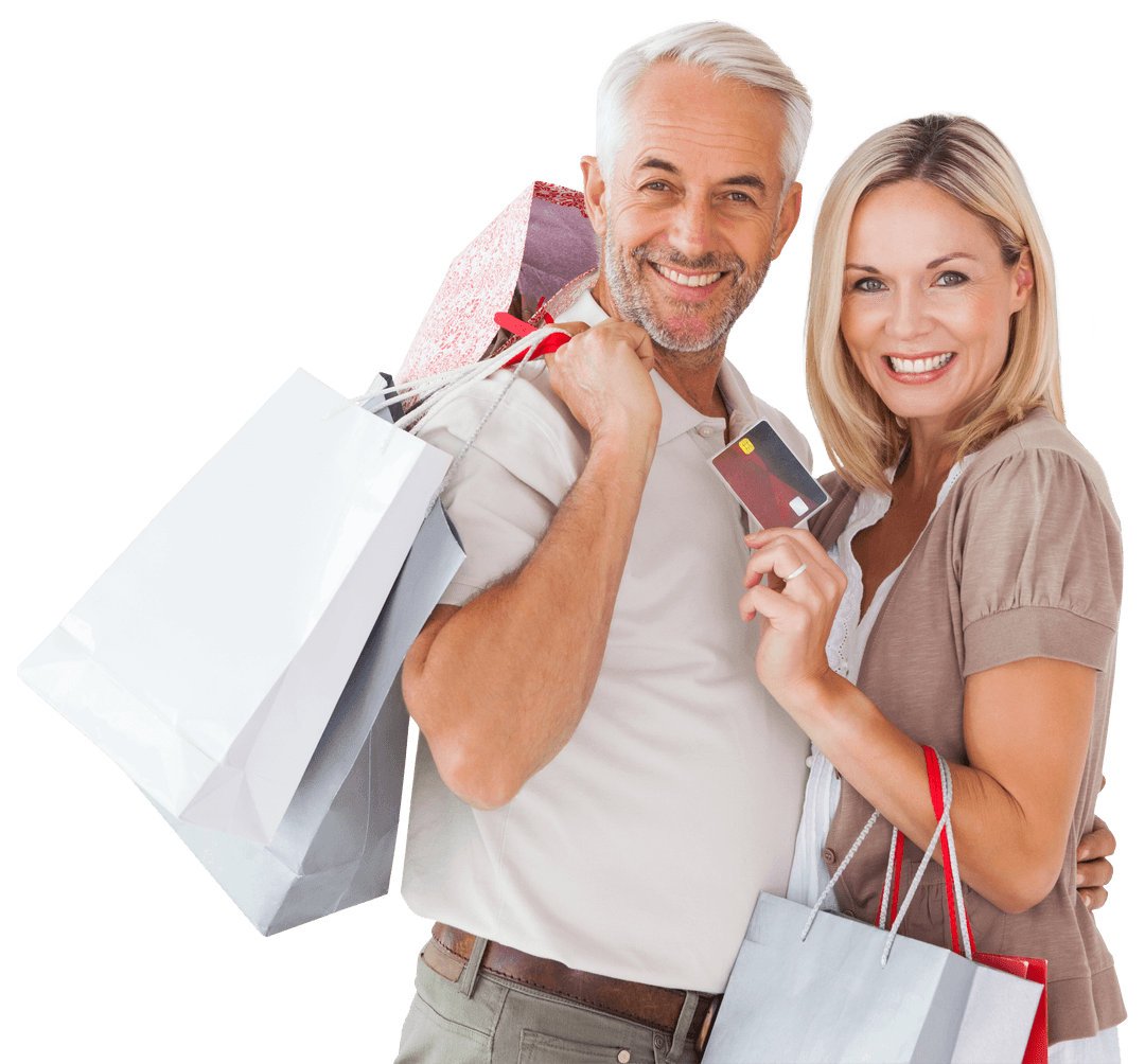Happy Couple Shopping with Multiple Bags on Transparent Background