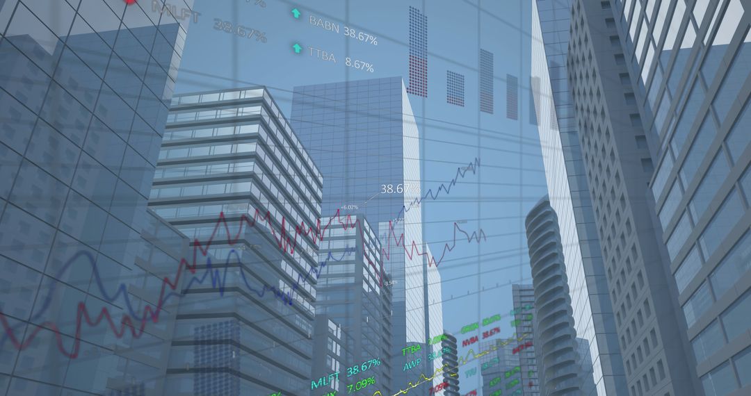 Financial Data and Graphs Over Urban Skyline