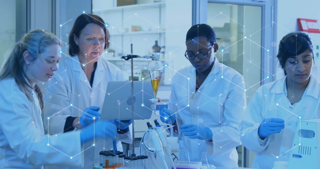 Diverse Scientists Collaborating in High-Tech Laboratory With Digital Network Overlay