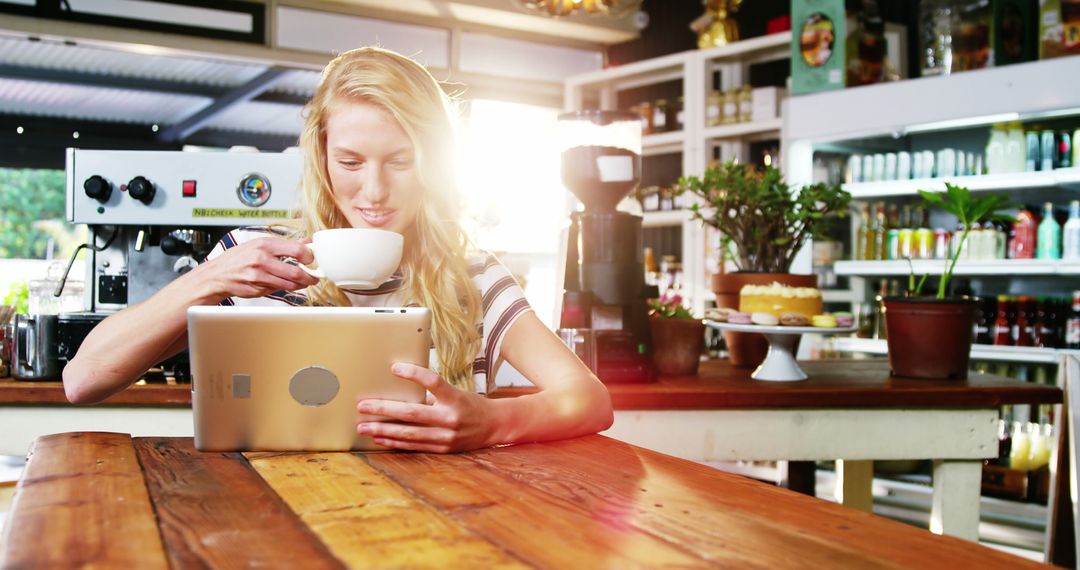 Woman Enjoying Coffee and Tablet in Cozy Cafe - Free Images, Stock Photos and Pictures on Pikwizard.com