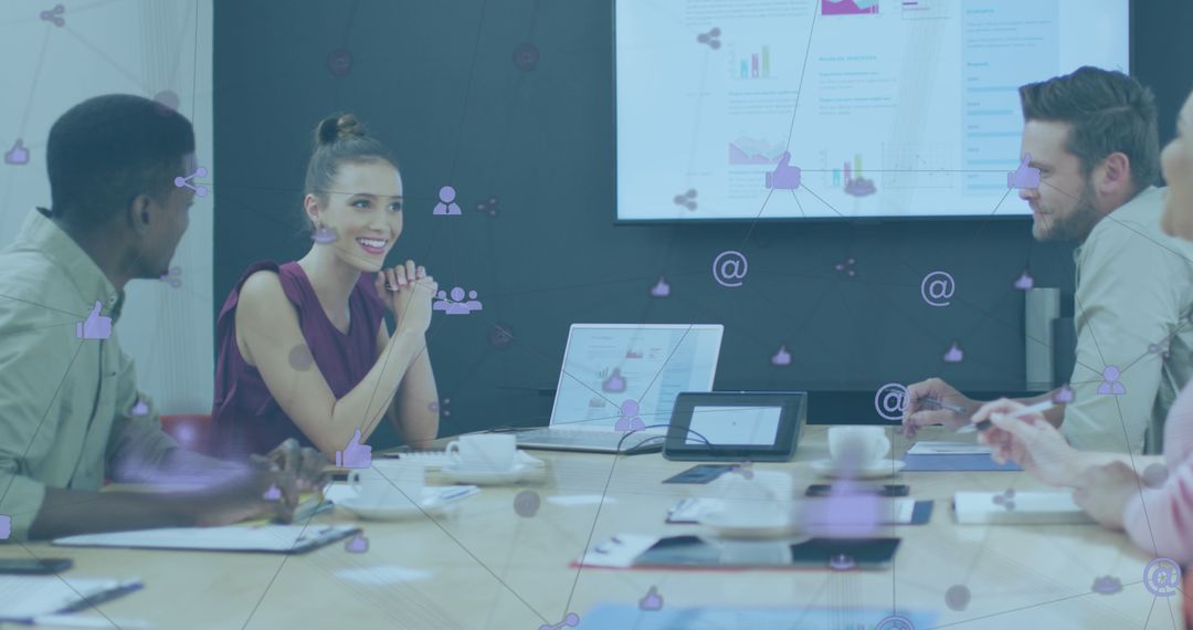 Diverse Team Meeting with Digital Marketing Strategy Overlay