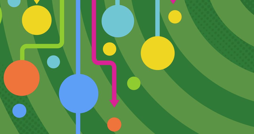 Colorful Circles on Green Striped Background with Movement and Connection