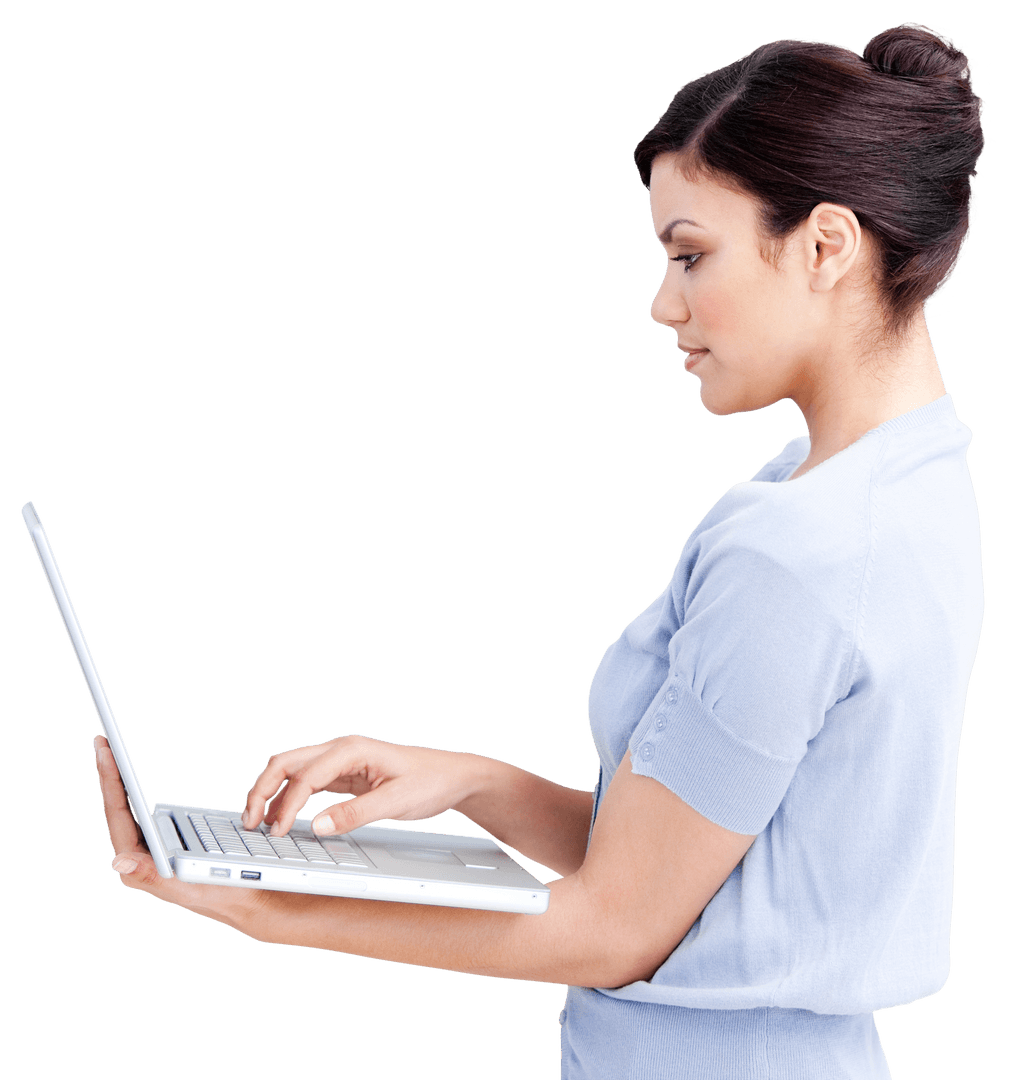 Dedicated Professional Woman Typing on Laptop with Transparent Background