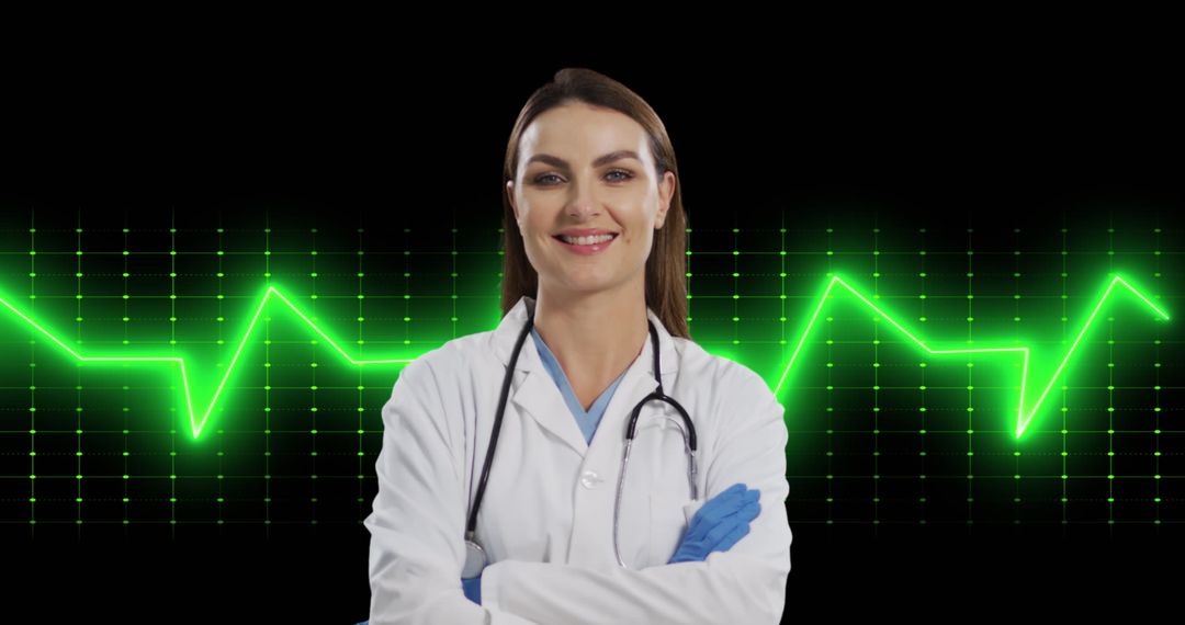 Confident Female Doctor with Digital Heartbeat Background