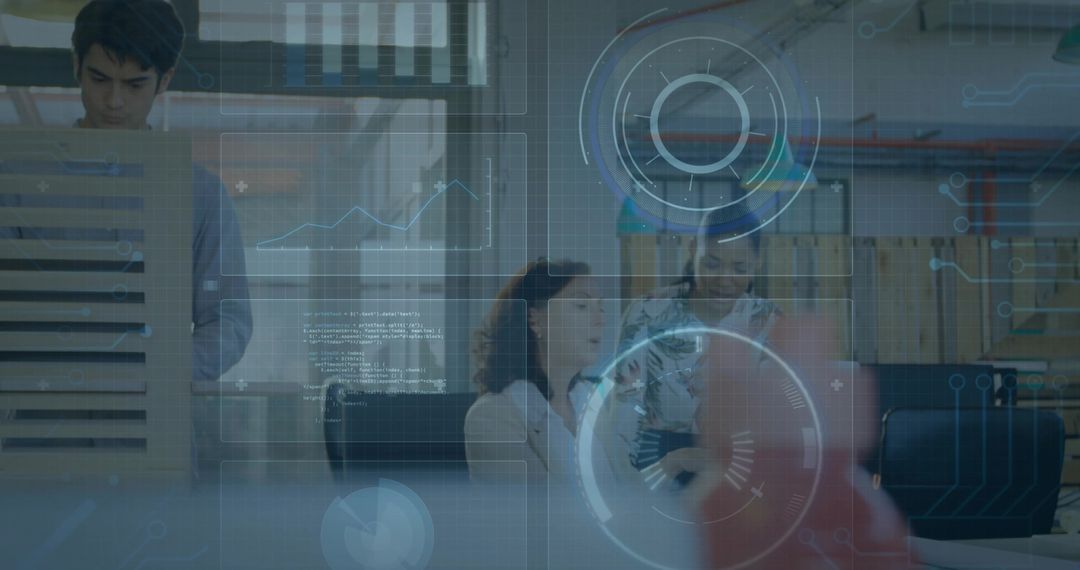 Coworkers Collaborating in Modern Office with Technology Overlay