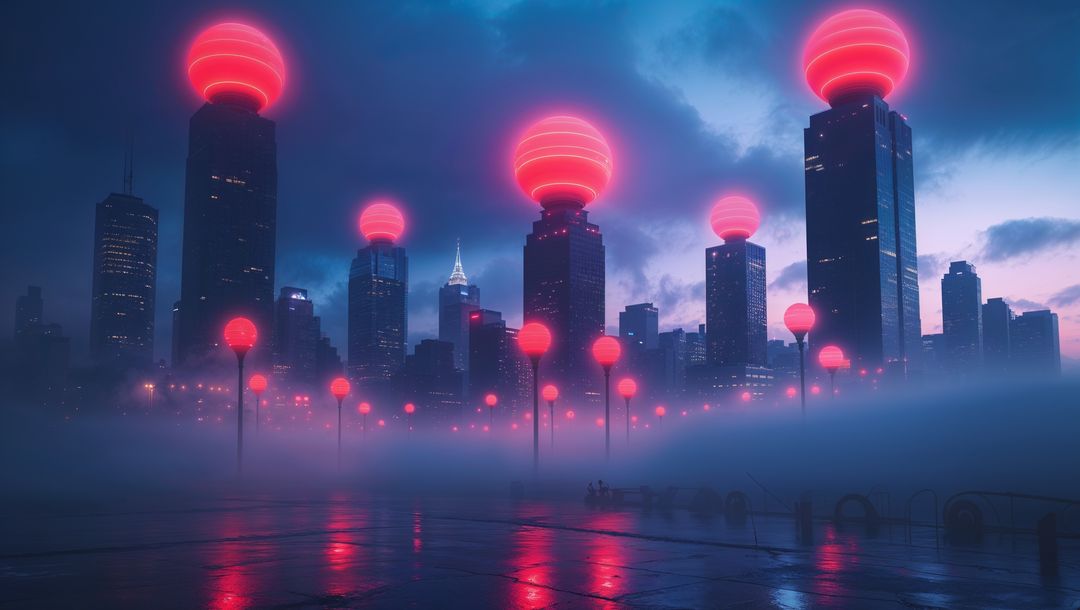 Futuristic night scene with glowing red structures, red alert concept