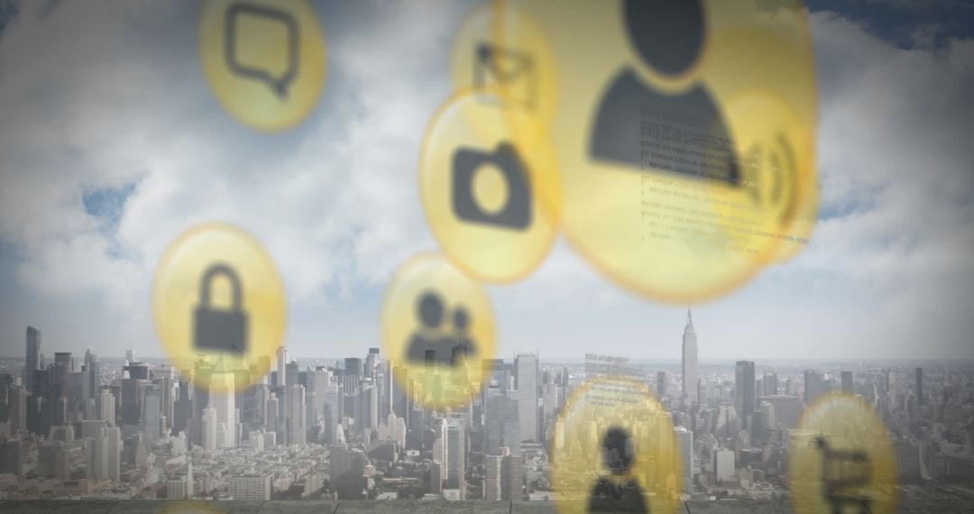 Digital Icons Overlay with Cityscape Background Skyline