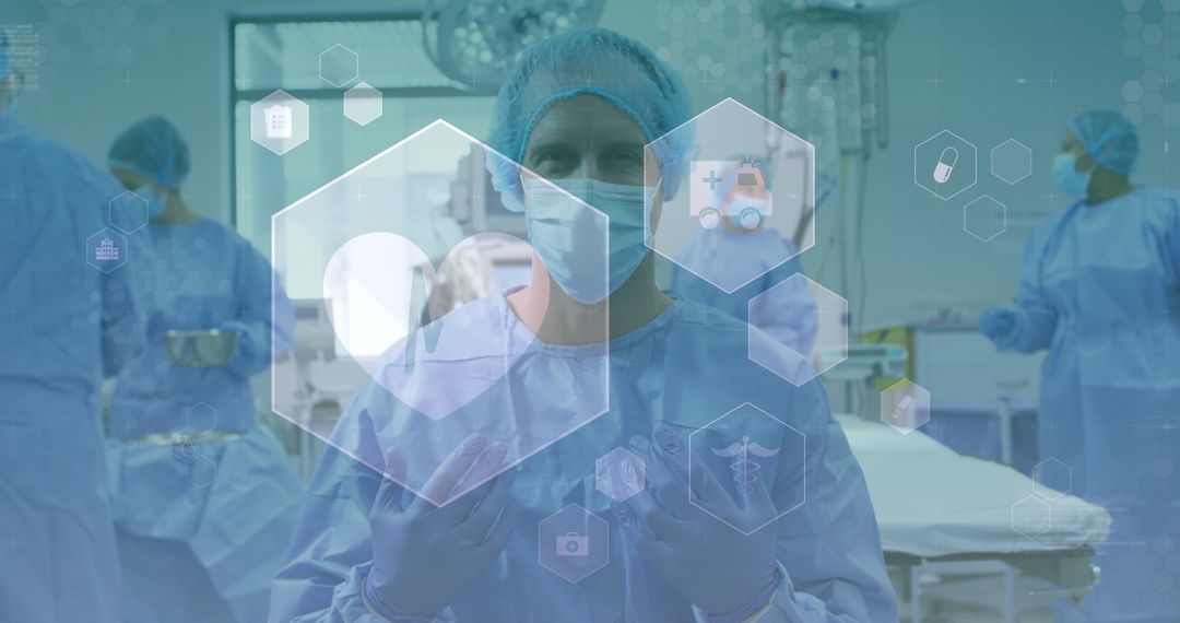 Surgeon in Operating Room with Medical Technology Icons