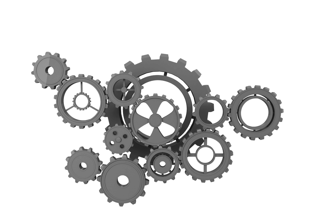 Gray Cogs Connected on Transparent Background for Industrial Design