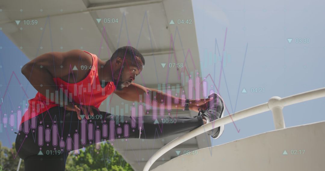 Athlete Stretching with Digital Data Visuals Integration