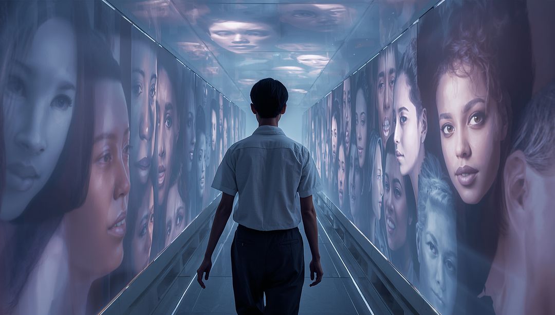 Solitary Figure Walking Futuristic Portrait Corridor with Neon Faces and Reflections