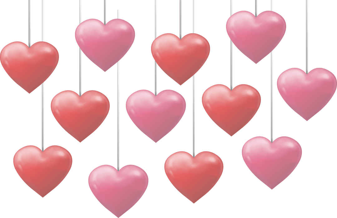 Dangling Red and Pink Hearts on Transparent Background