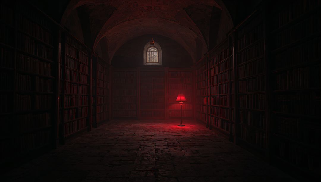 Vaulted Gothic Library with Red Floor Lamp Casting Moody Warm Ambient Light