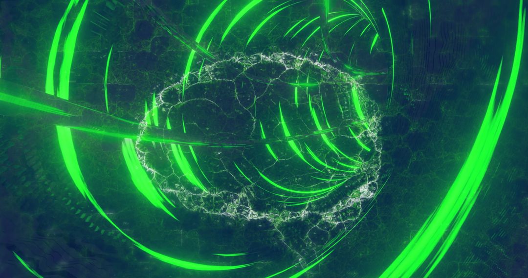 Futuristic Digital Brain with Neon Green Light Tunnel