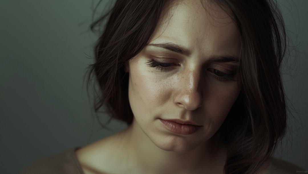 Pensive Woman with Freckles in Soft Lighting Garnering Introspection