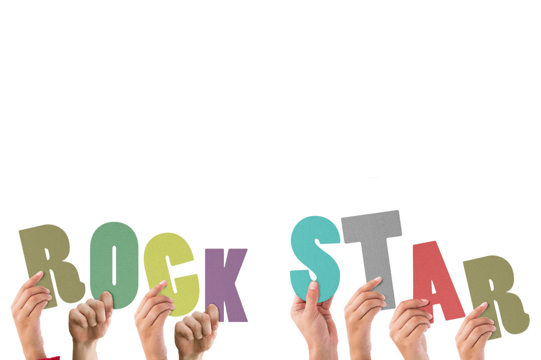 Hands Holding Colorful Transparent Rock Star Text