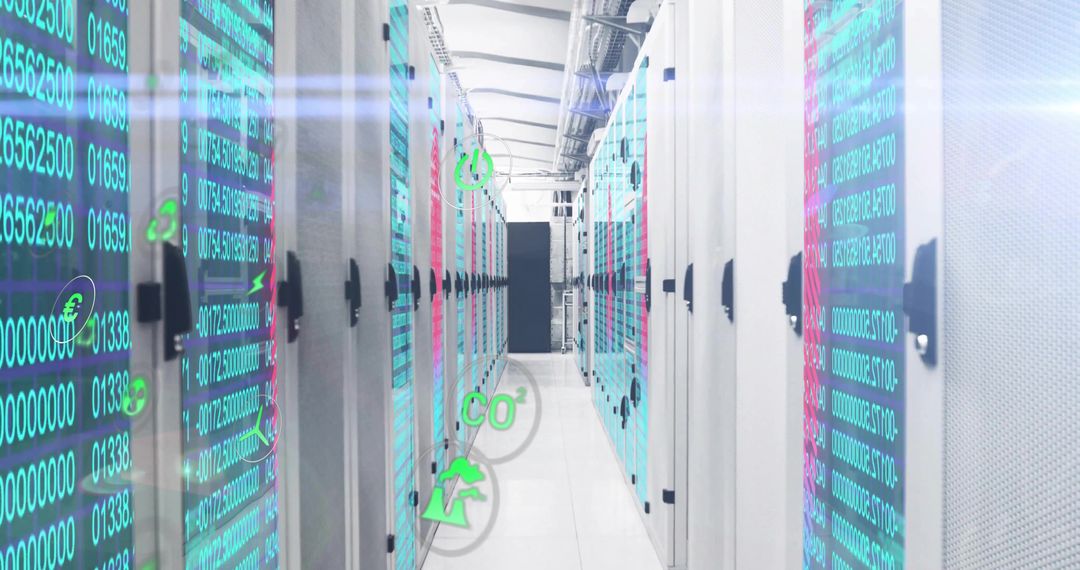 Data Center Corridor with Streaming Data Overlays and Green Icons