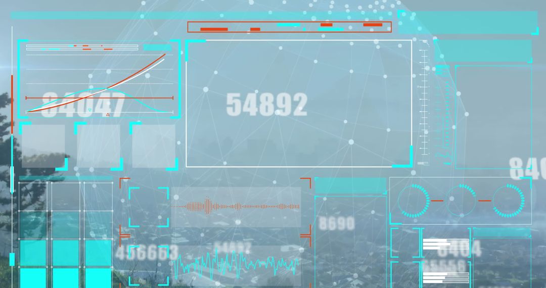Futuristic HUD with Data Visualization Over Coastal Landscape