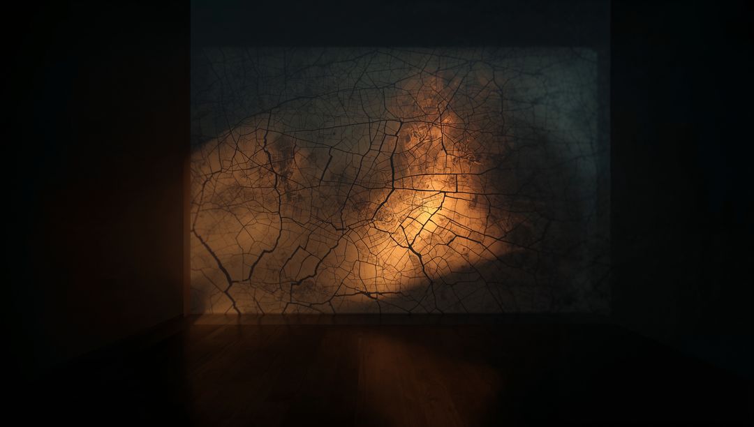 Abstract Glowing Fracture Pattern on Dark Wall with Amber Glow