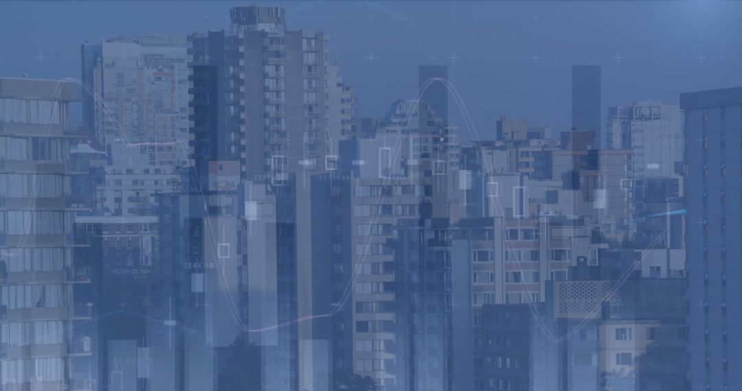 Aerial Cityscape Blends with Financial Data Visualization