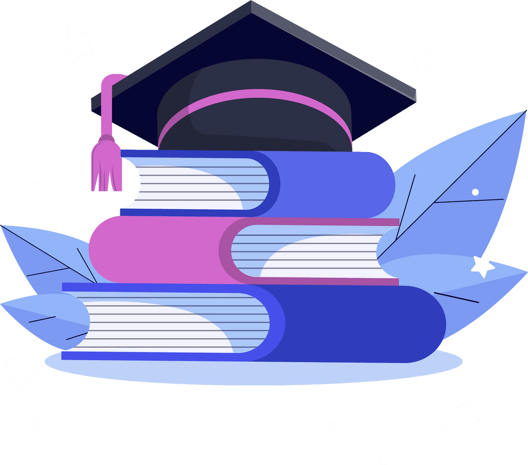 Transparent Book Stack with Graduation Cap and Stars Art