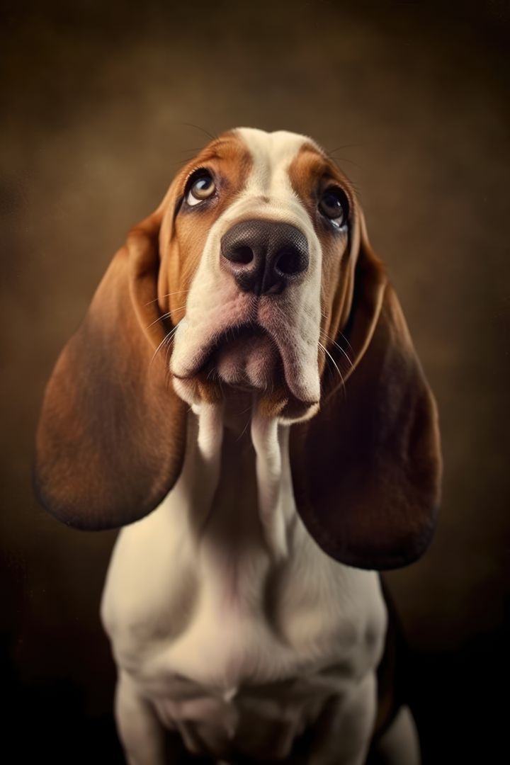 Portrait of cute basset hound on dark background, created using generative ai technology - Free Images, Stock Photos and Pictures on Pikwizard.com
