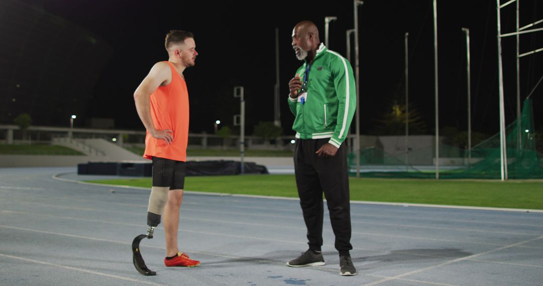 Disabled Athlete and Coach Having Discussion on Track at Night - Free Images, Stock Photos and Pictures on Pikwizard.com