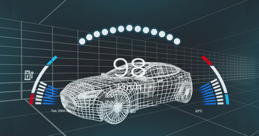 Futuristic Wireframe Car with Virtual Dashboard Display