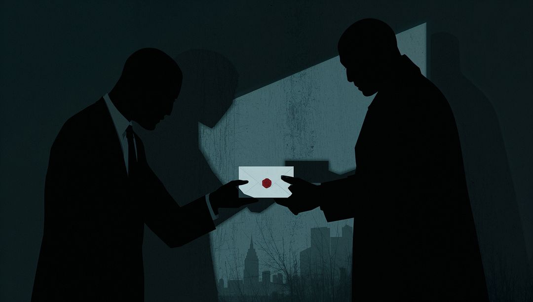 Exchanging Sealed Envelope Between Two Men in Suits Under Backlit Shadowy Noir Urban Scene