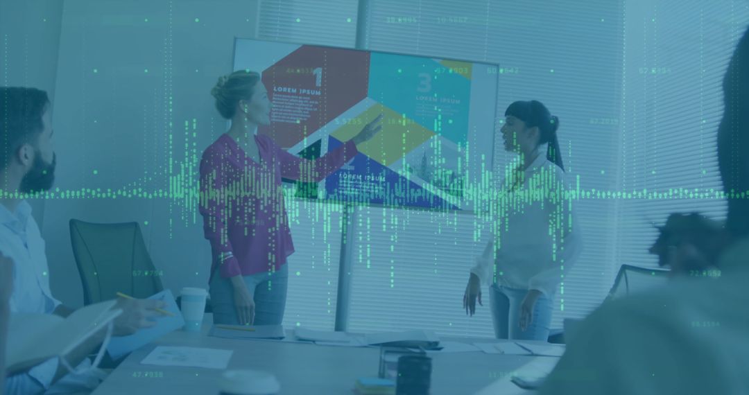 Business Team Analyzing Data with Futuristic Technology Display