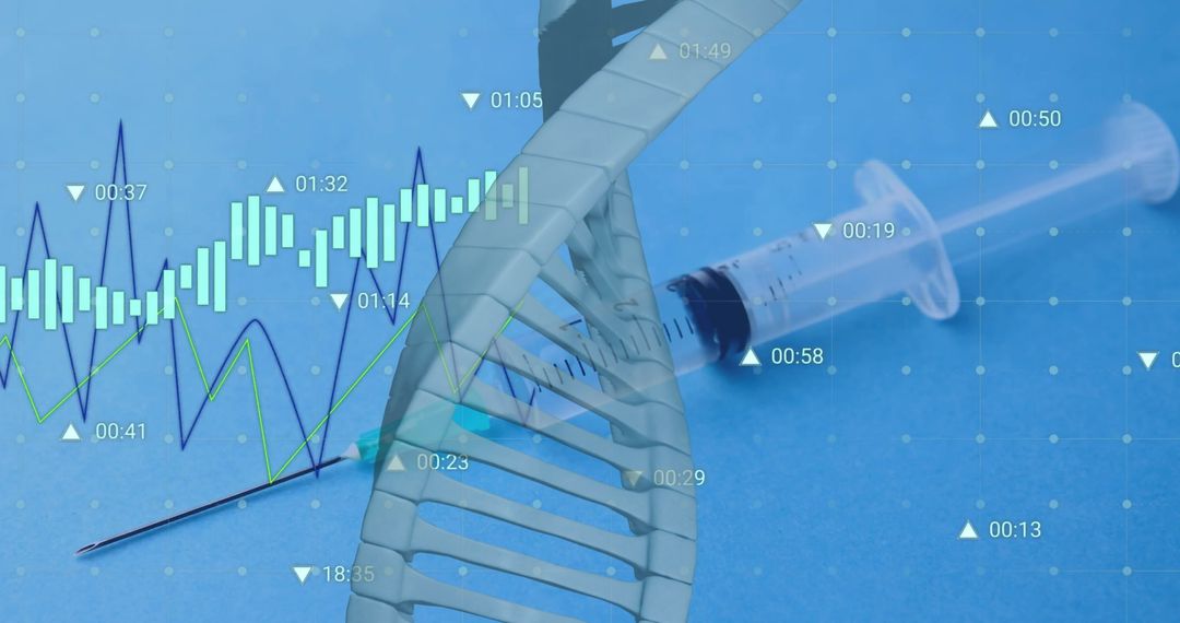 DNA Strand and Data Overlay with Syringe Highlighting Biotechnology
