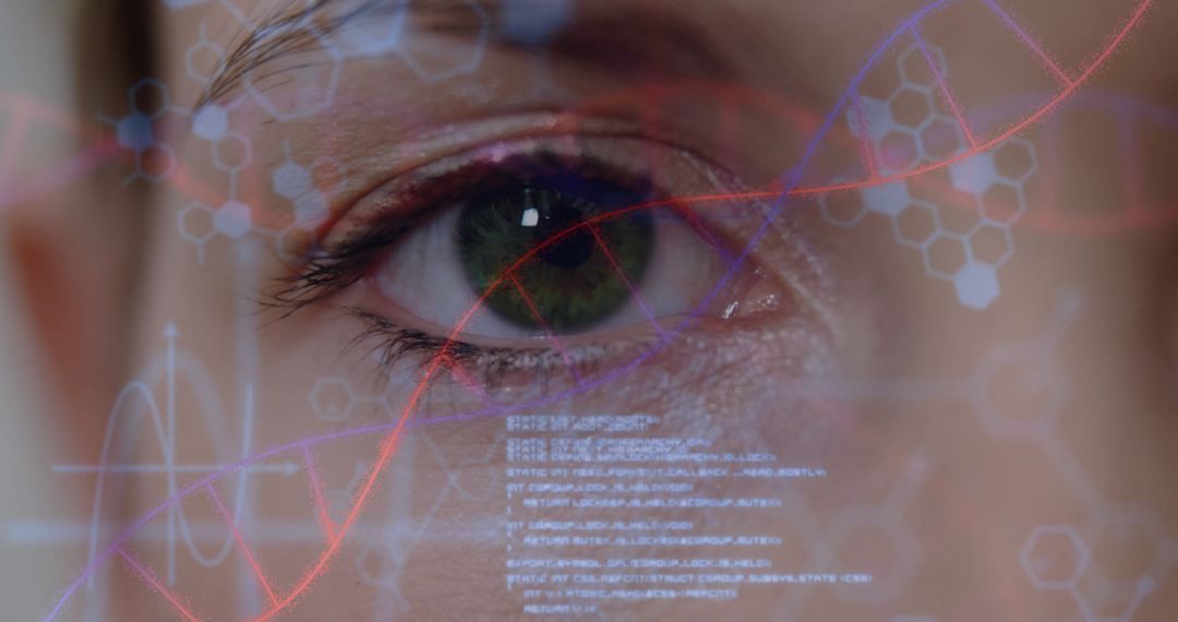 Futuristic Biotech Analysis on Female Eye with DNA Graphics