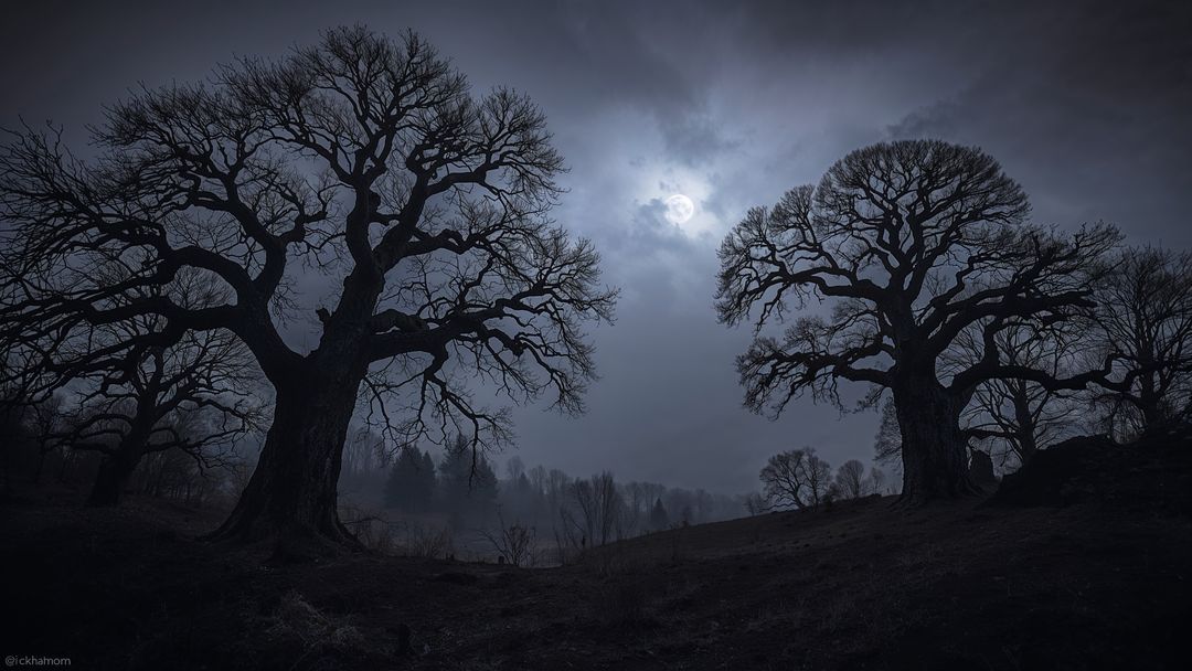 Mystical Oaks Under Moonlit Skies in Enchanted Forest