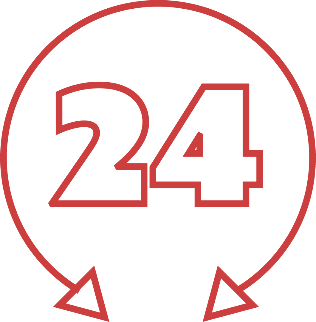 Red 24/7 Arrows Icon on Transparent Background