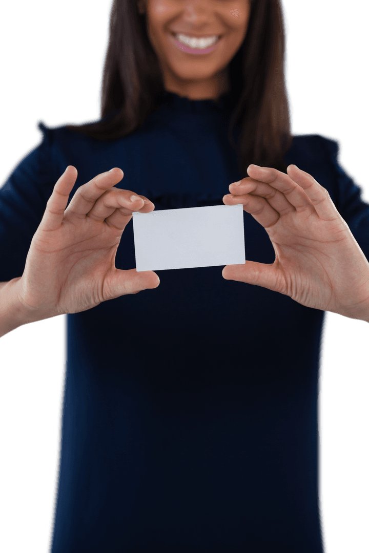 Transparent Business Card Held by Smiling Woman