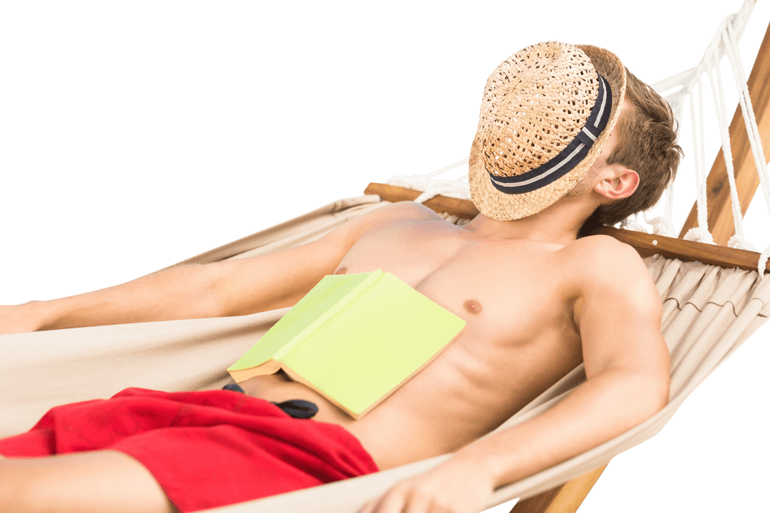 Relaxed Caucasian Man in Hammock with Sun Hat on Transparent Background