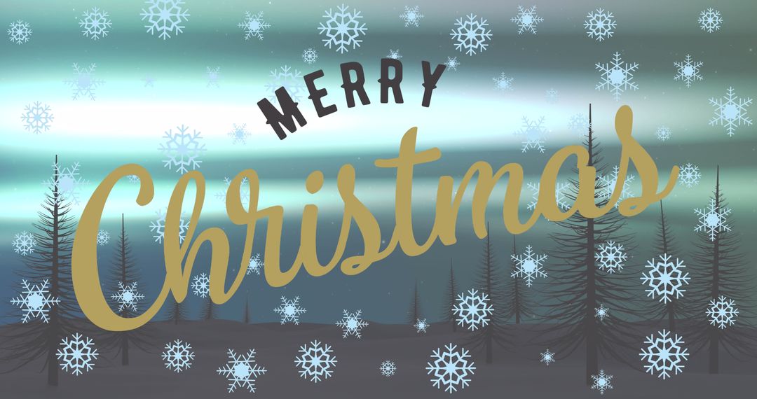 Merry Christmas Text with Snowflakes Over Winter Landscape