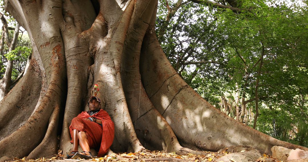 Person Resting Against Ancient Tree Trunk in Forest - Free Images, Stock Photos and Pictures on Pikwizard.com