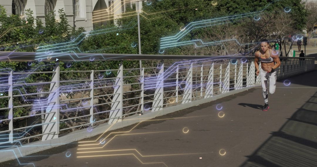 Female Athlete Sprinting on Urban Bridge with Futuristic Circuit Overlays for Tech