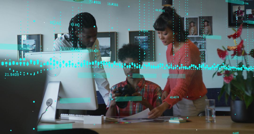 Creative Team Collaborating in Modern Office with Digital Overlays