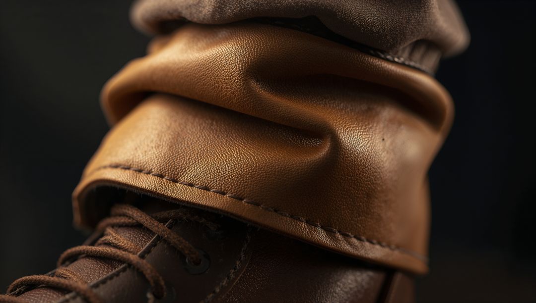 Brown Leather Ankle Boot Folded Cuff Close-Up Showing Stitching Grain and Texture