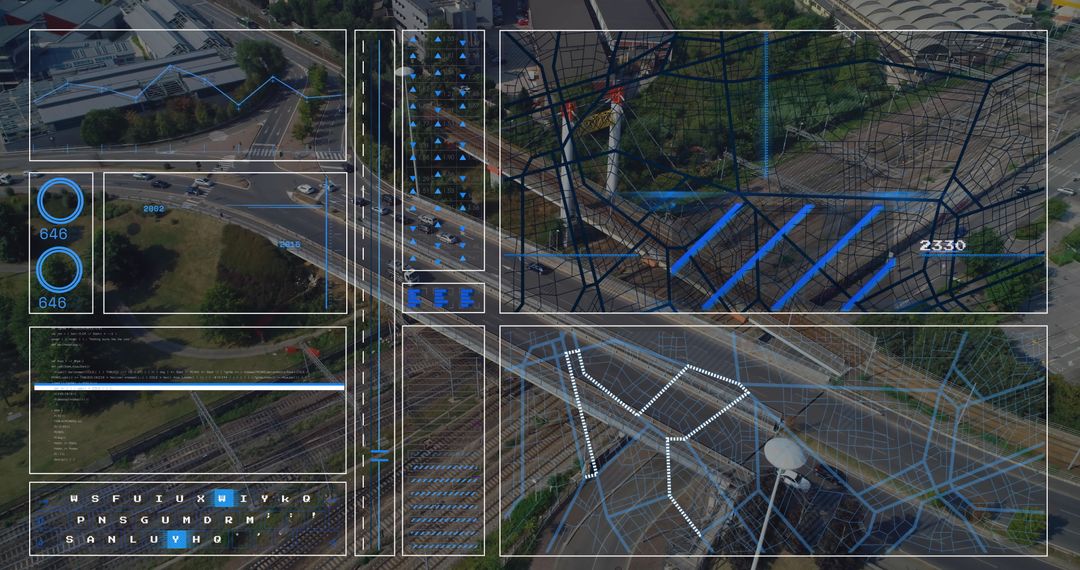 Aerial View of Futuristic Urban Highway with Digital Data Overlay