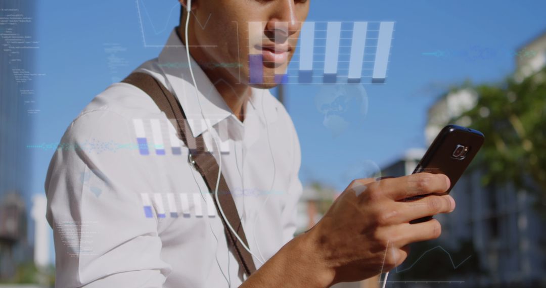 Financial Data Processing Concept over Man with Smartphone