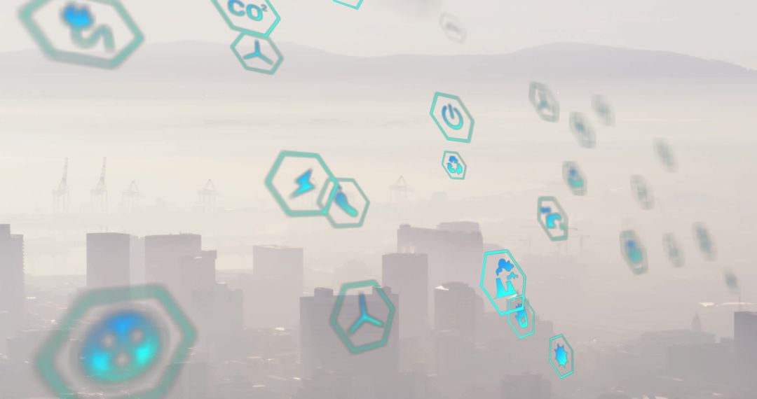 Network of Eco Icons Over Cityscape Reflecting Global Connections