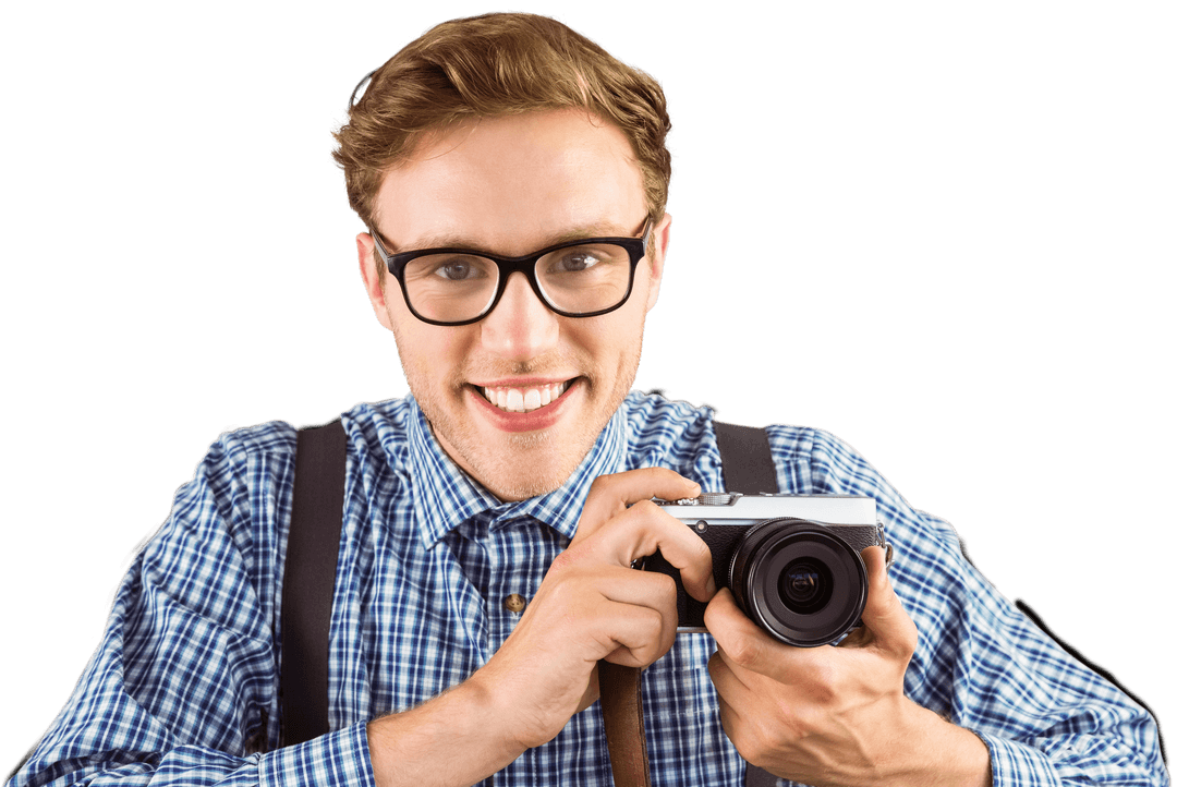 Smiling Male Hipster Holding Retro Camera Transparent Background