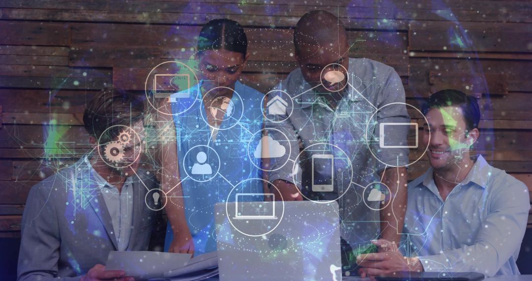 Business Team Collaborating Over Laptop with Digital Cloud Network Overlay