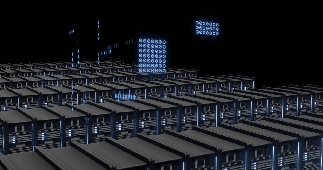 Futuristic Server Farm with Digital Network Process Display