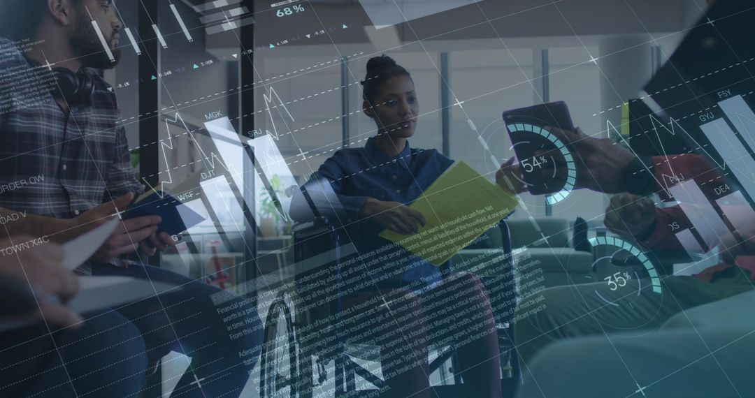 Diverse Business Team Analyzing Data with Technology Overlay