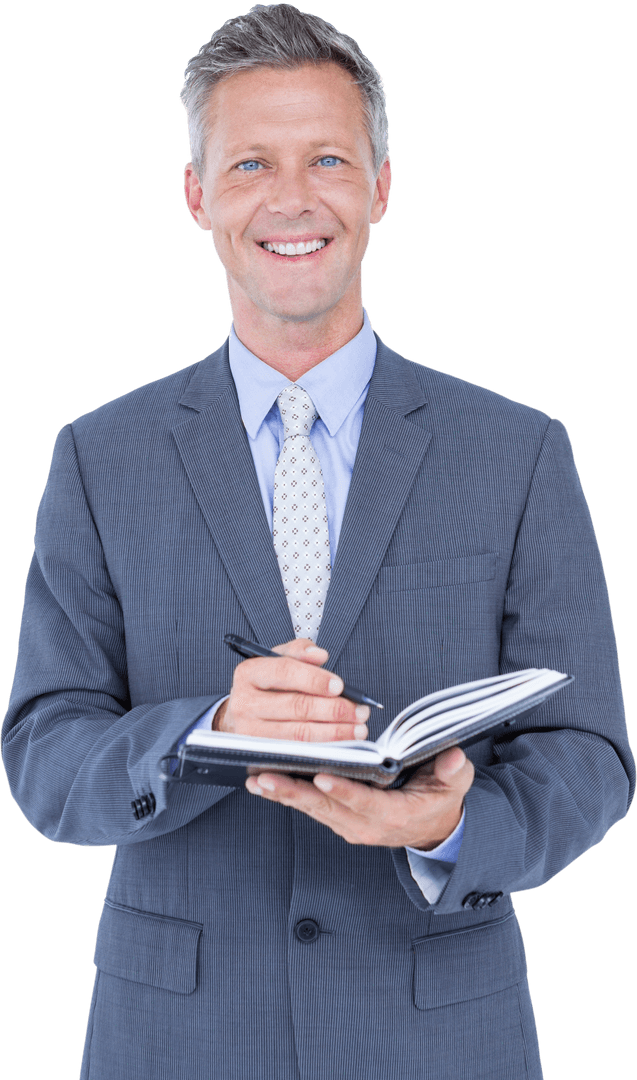 Transparent Businessman Holding Diary and Pen Smiling Confidently