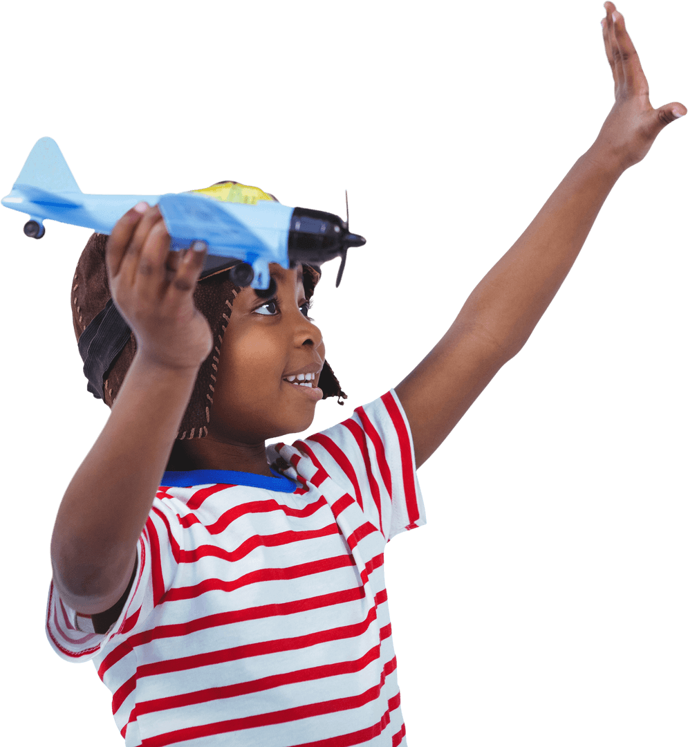 Child Pretending Pilot Playing with Toy Plane on Transparent Background